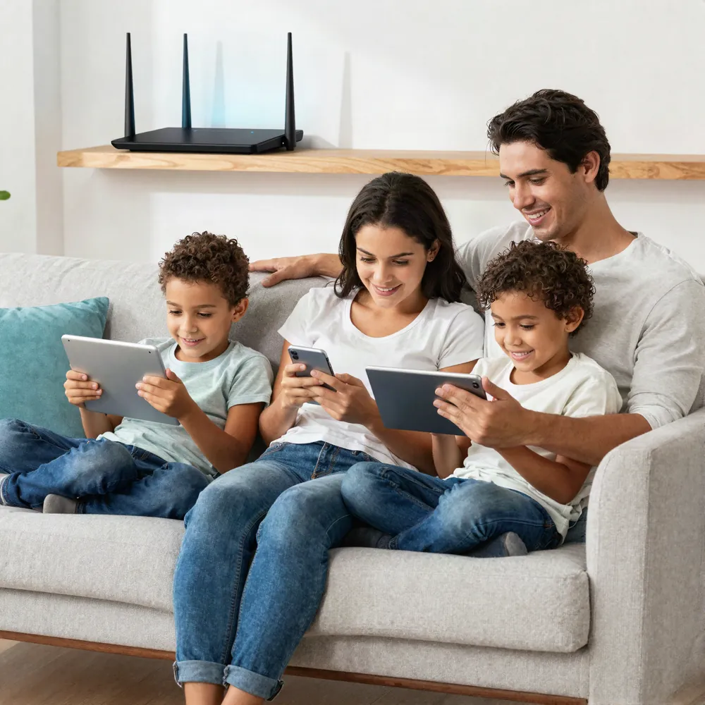 Família usando internet fibra em casa