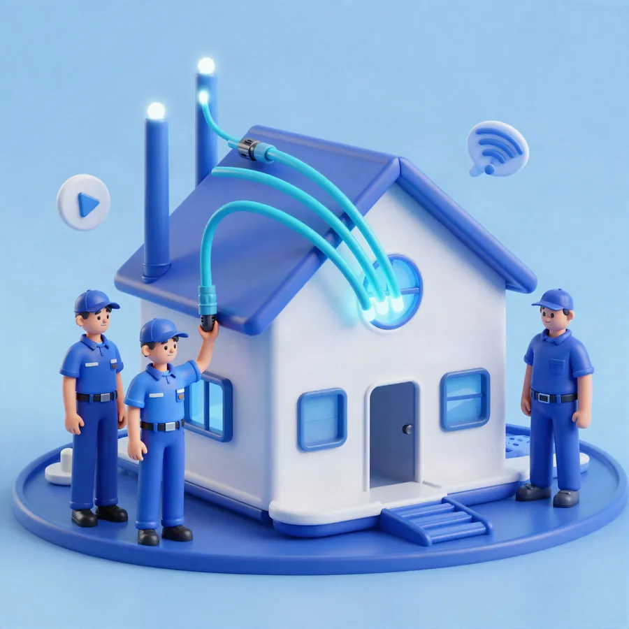 Equipe técnica da Olá Fibra Telecom levando fibra óptica até a casa do cliente